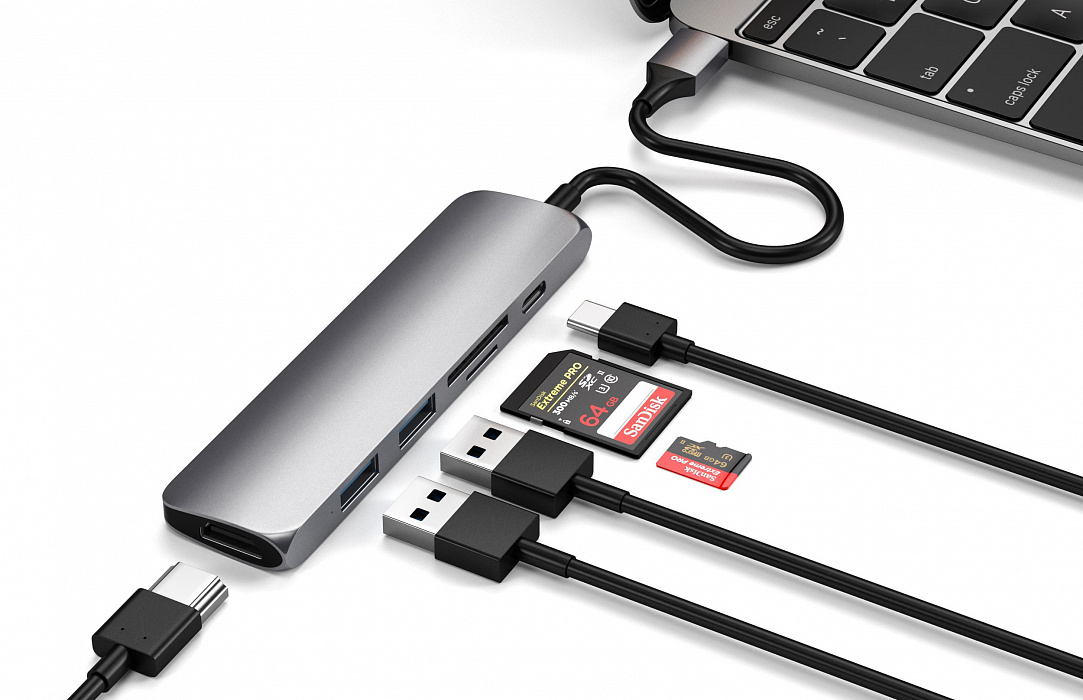 USB-концентратор Satechi Slim Multi-Port V2 (ST-SCMA2M) Type-C 4K (Space Gray) купить в интернет-магазине icover