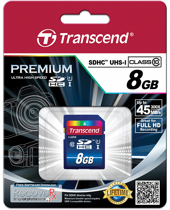 Карта памяти Transcend SDHC Premium Class 10 U1 UHS-I 8Gb TS8GSDU1 (Blue) купить в интернет-магазине icover