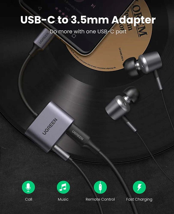 Адаптер Ugreen CM231 USB-C-miniJack/USB-C (Grey) купить в интернет-магазине icover
