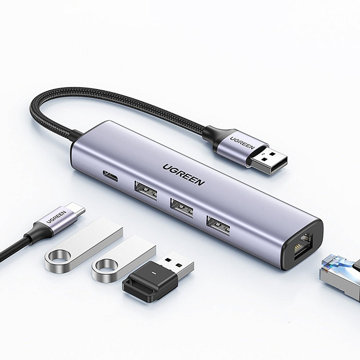 Хаб Ugreen Ethernet Adapter Type-C Power Supply CM475 (60554) USB 3.0 to 3 х USB3.0 / USB Type-C / RJ45 (Space Grey) купить в интернет-магазине icover