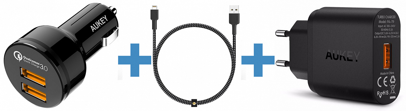 Комплект для зарядки Aukey 3 in 1 Car Charger CC-T8 + Wall PA-T9 + Cable CB-BAL3 (Black) купить в интернет-магазине icover