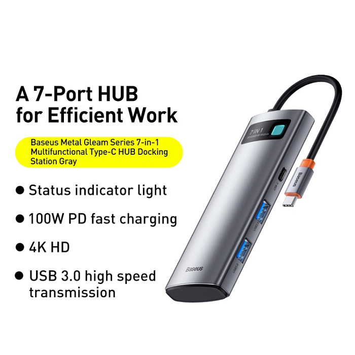 Хаб Baseus Metal Gleam (WKWG020113) 7-in-1 Multifunctional Type-C HUB Docking Station (Gray) купить в интернет-магазине icover