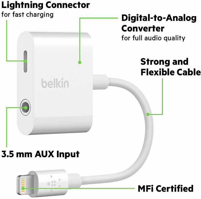 Переходник Belkin 3.5mm Audio + Charge RockStar F8J212btWHT (White) купить в интернет-магазине icover